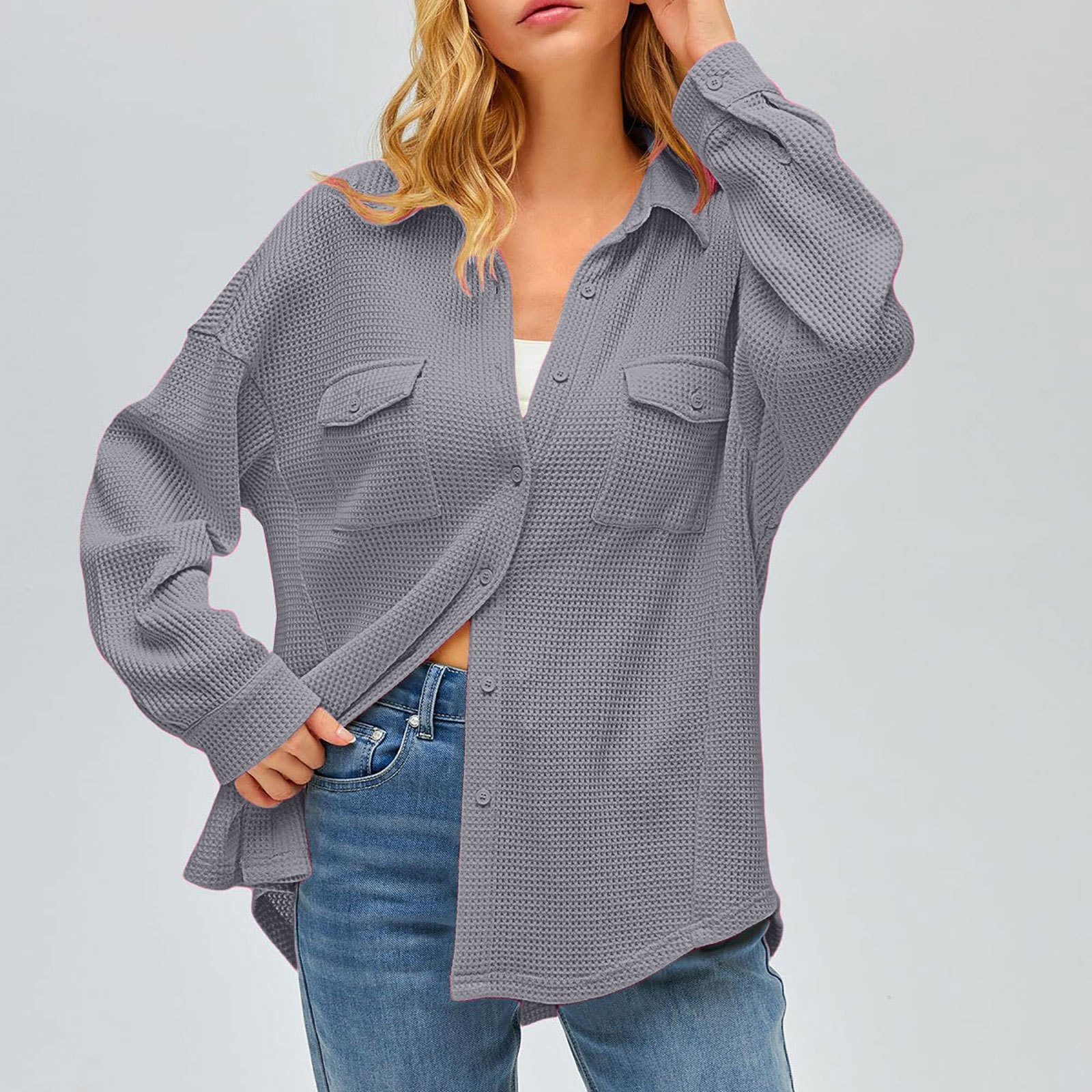 thumbnail image 2 of Camisa con bolsillos de color liso para mujer: top de punto holgado de manga larga, poliéster, versátil para primavera/otoño, tallas US 4-12, EU 34-42, 2 of 8